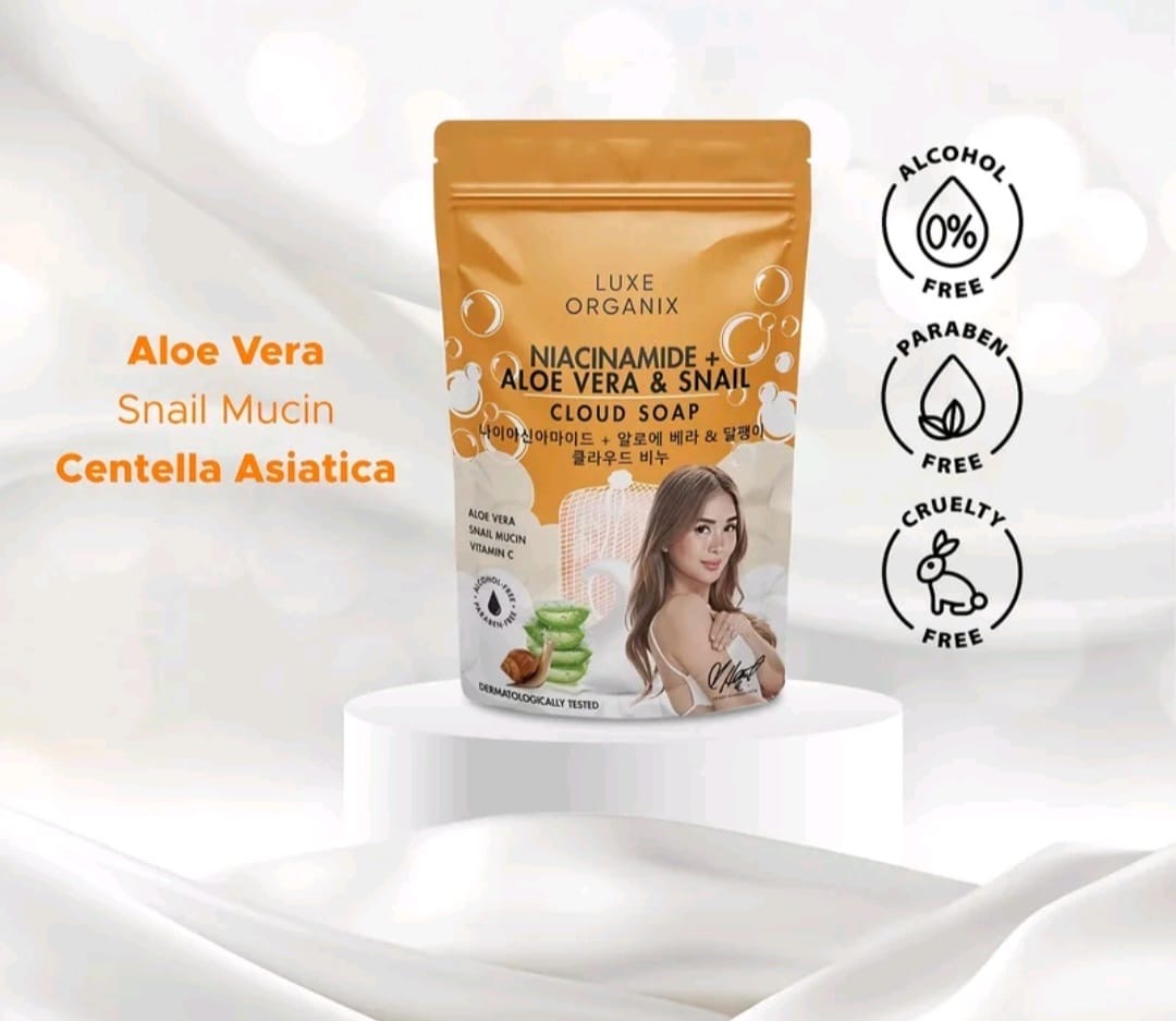Luxe Organix ALOE VERA & SNAIL MOISTURIZING Cloud Soap 180g with Foaming Net (ORANGE)