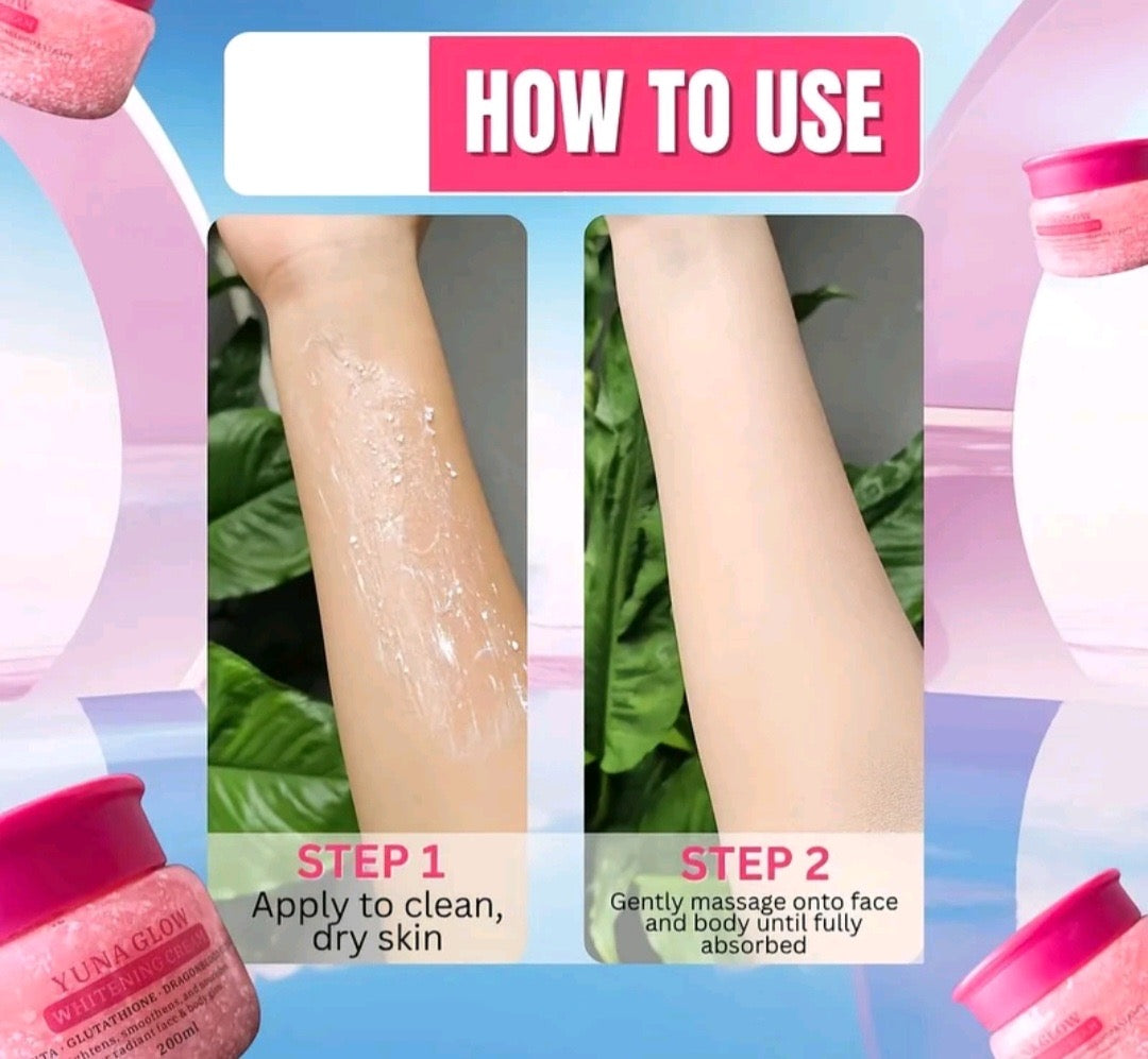 BMRS YUNA GLOW WHITENING CREAM 200ML
PLACENTA + GLUTATHIONE + DRAGON BLOOD EXTRACT
