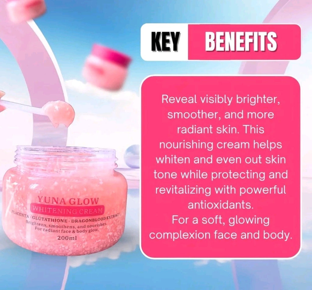 BMRS YUNA GLOW WHITENING CREAM 200ML
PLACENTA + GLUTATHIONE + DRAGON BLOOD EXTRACT