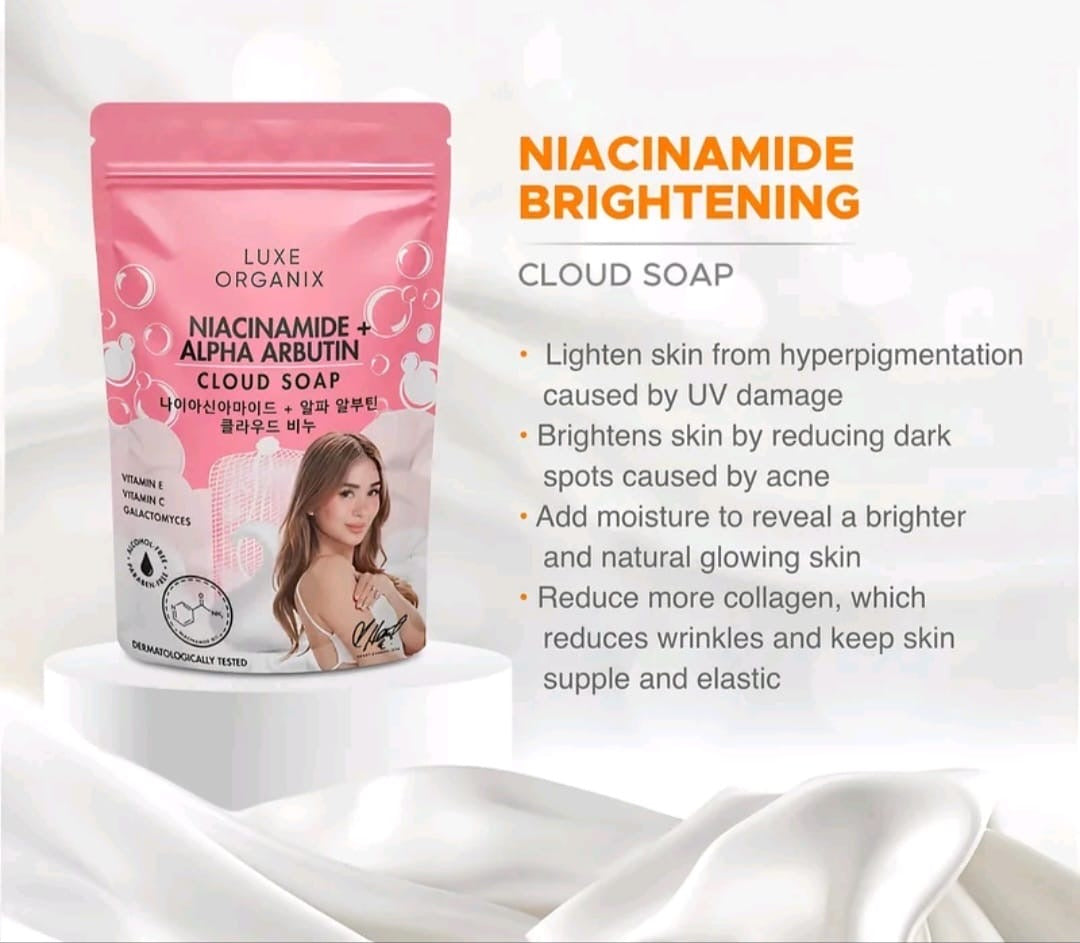 Luxe Organix NIACINAMIDE + ALPHA ARBUTIN Cloud Soap 180g with Foaming Net (PINK)