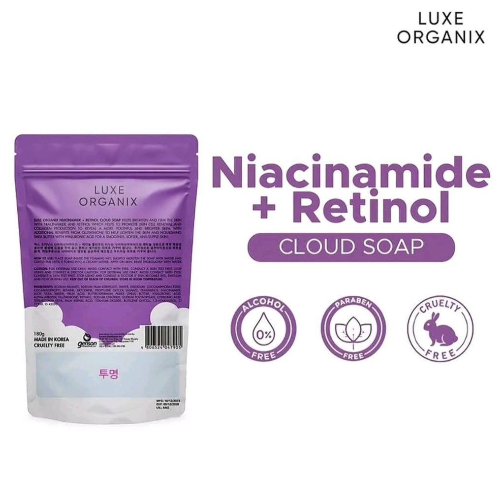 Luxe Organix NIACINAMIDE+RETINOL Cloud Soap 180g with Foaming Net (PURPLE)