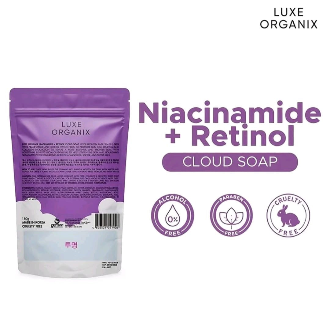 Luxe Organix NIACINAMIDE+RETINOL Cloud Soap 180g with Foaming Net (PURPLE)