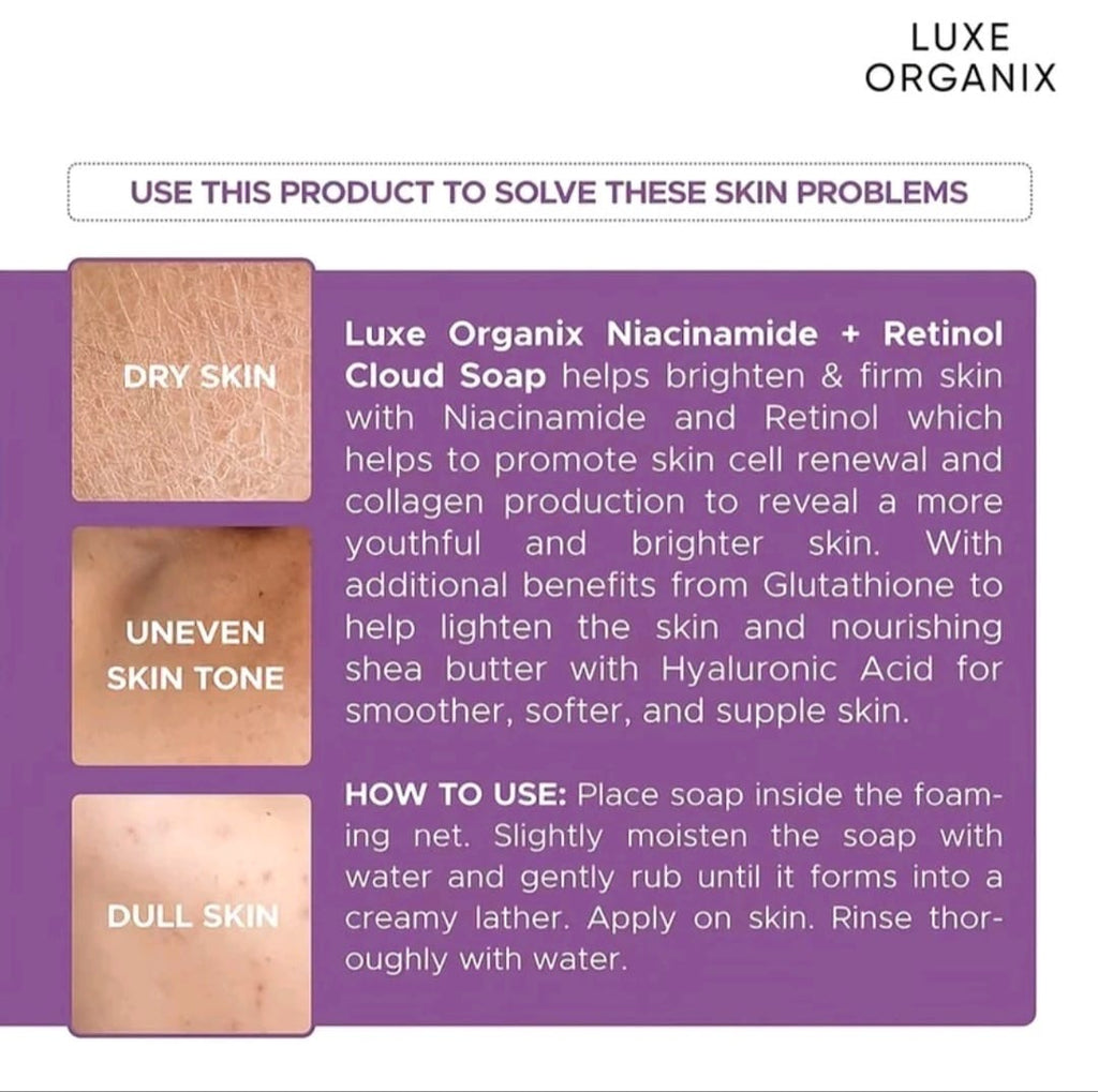 Luxe Organix NIACINAMIDE+RETINOL Cloud Soap 180g with Foaming Net (PURPLE)