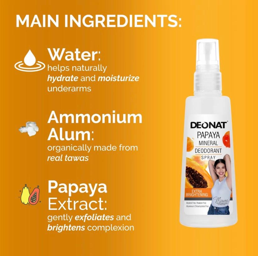 DEONAT Papaya Mineral
Deodorant Spray 100ml
Extra Brightening Alcohol &
Paraben Free