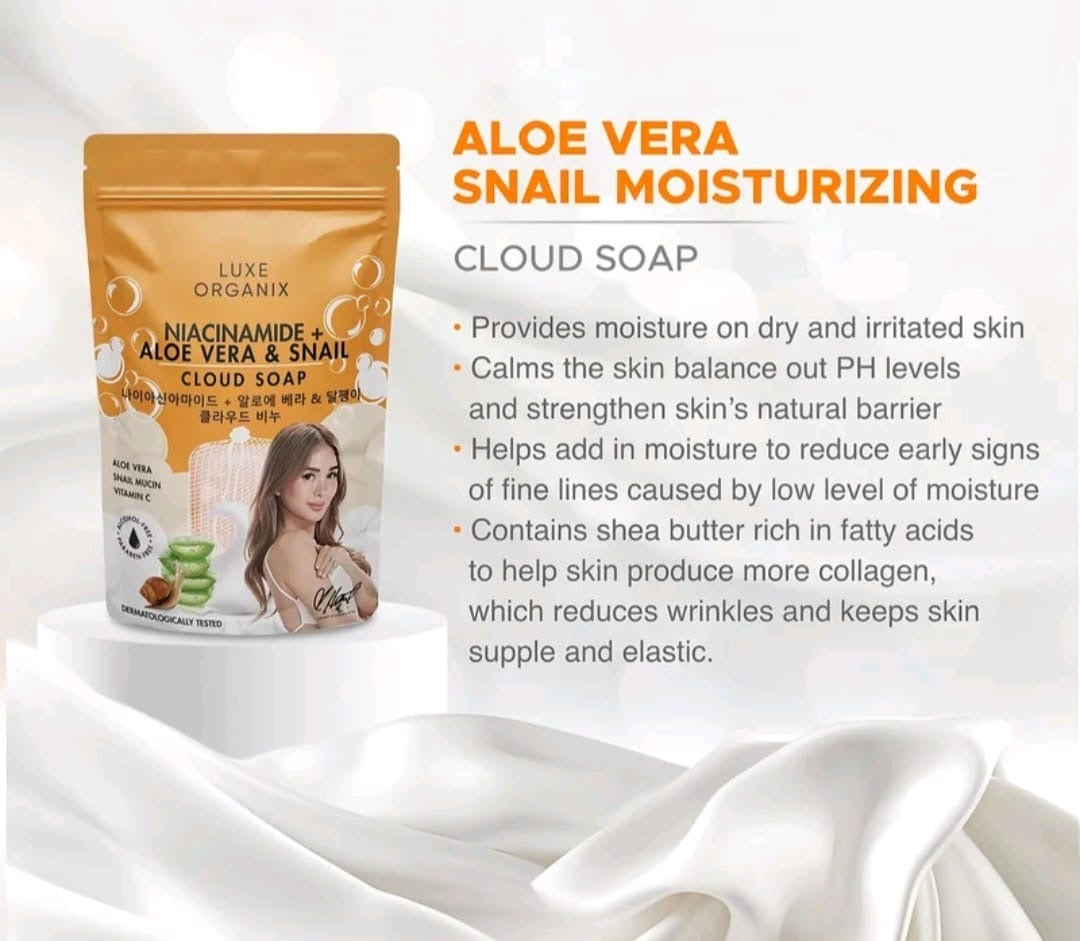 Luxe Organix ALOE VERA & SNAIL MOISTURIZING Cloud Soap 180g with Foaming Net (ORANGE)