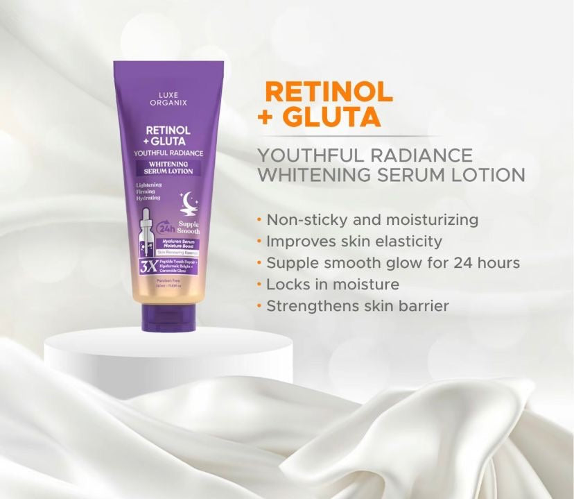 Luxe Organix RETINOL GLUTATHIONE
Lotion 360ml
Youthful Radiance