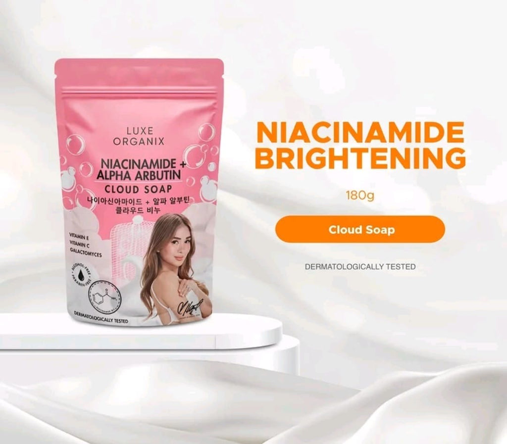 Luxe Organix NIACINAMIDE + ALPHA ARBUTIN Cloud Soap 180g with Foaming Net (PINK)
