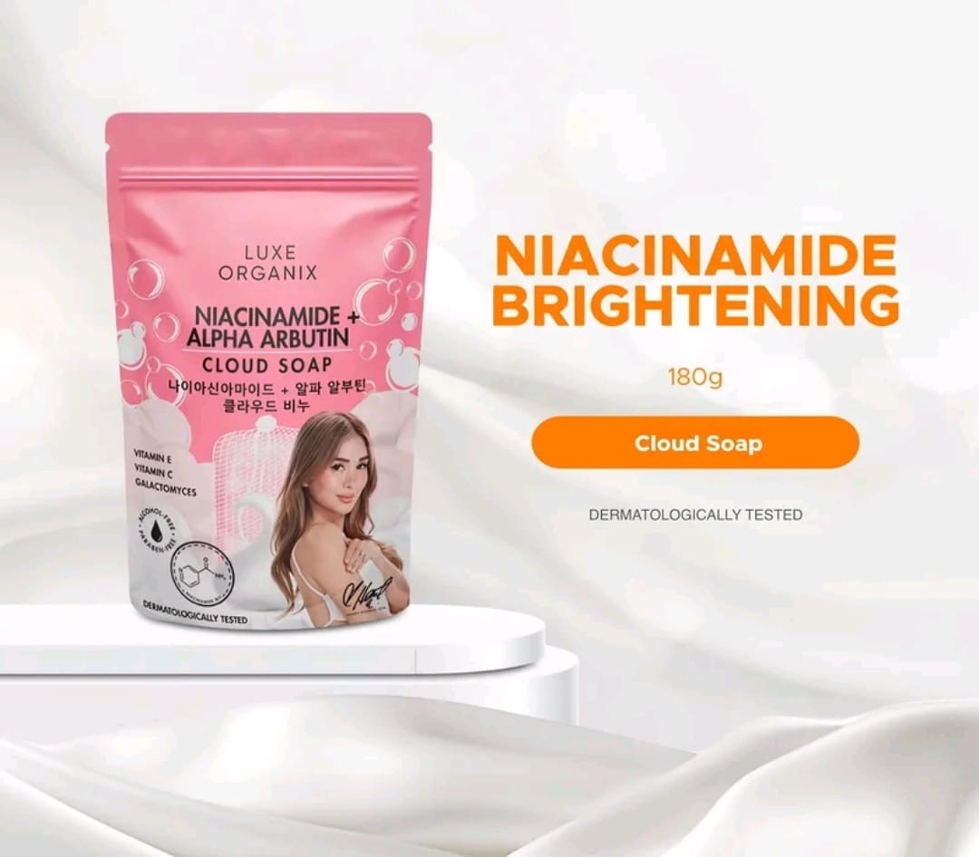 Luxe Organix NIACINAMIDE + ALPHA ARBUTIN Cloud Soap 180g with Foaming Net (PINK)
