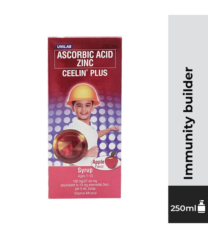 CEELIN PLUS SYRUP 250ML
ASCORBIC ACID + ZINC
APPLE FLAVOR AGES 1-13 YRS OLD
