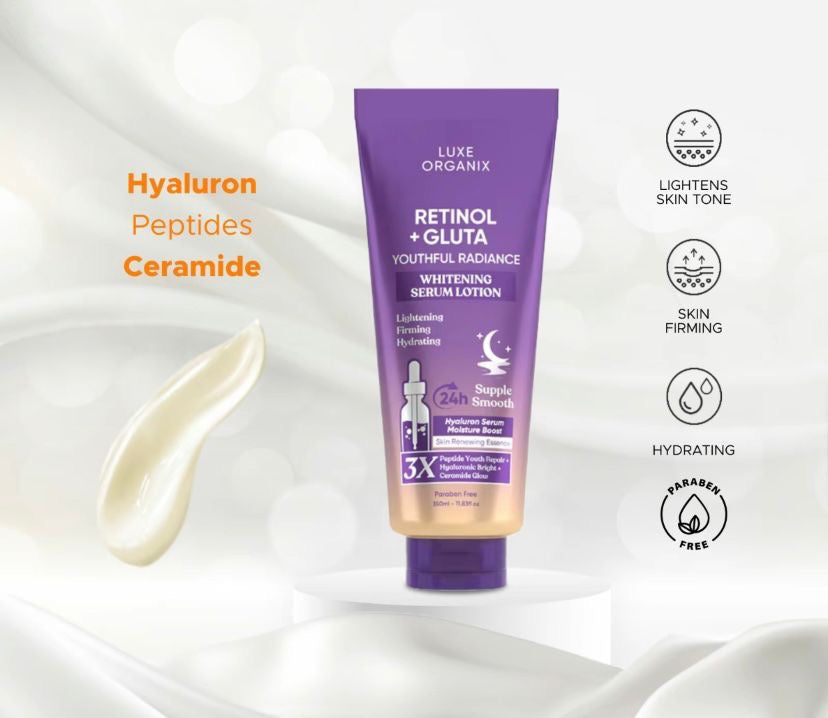 Luxe Organix RETINOL GLUTATHIONE
Lotion 360ml
Youthful Radiance