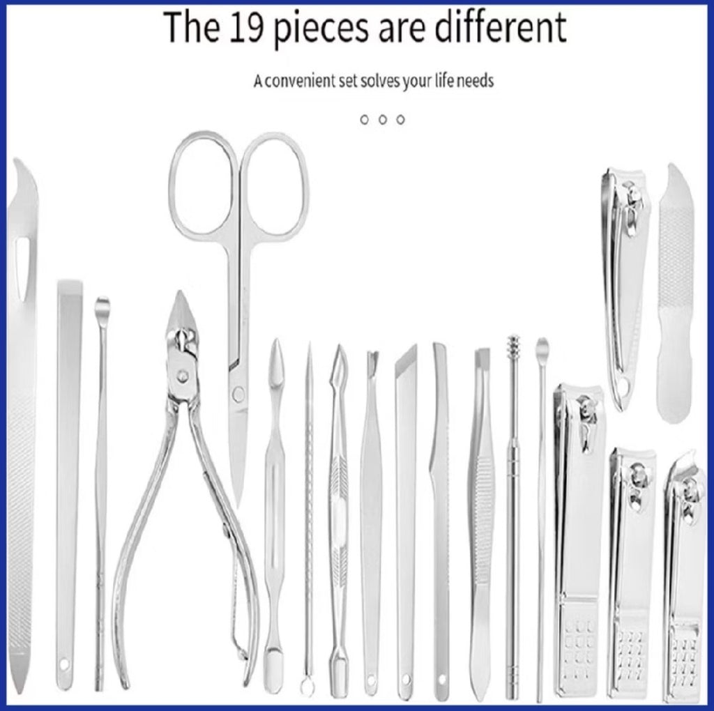 19-Piece PEDICURE TOOLS Set in PU-LEATHER Travel Storage Organizer