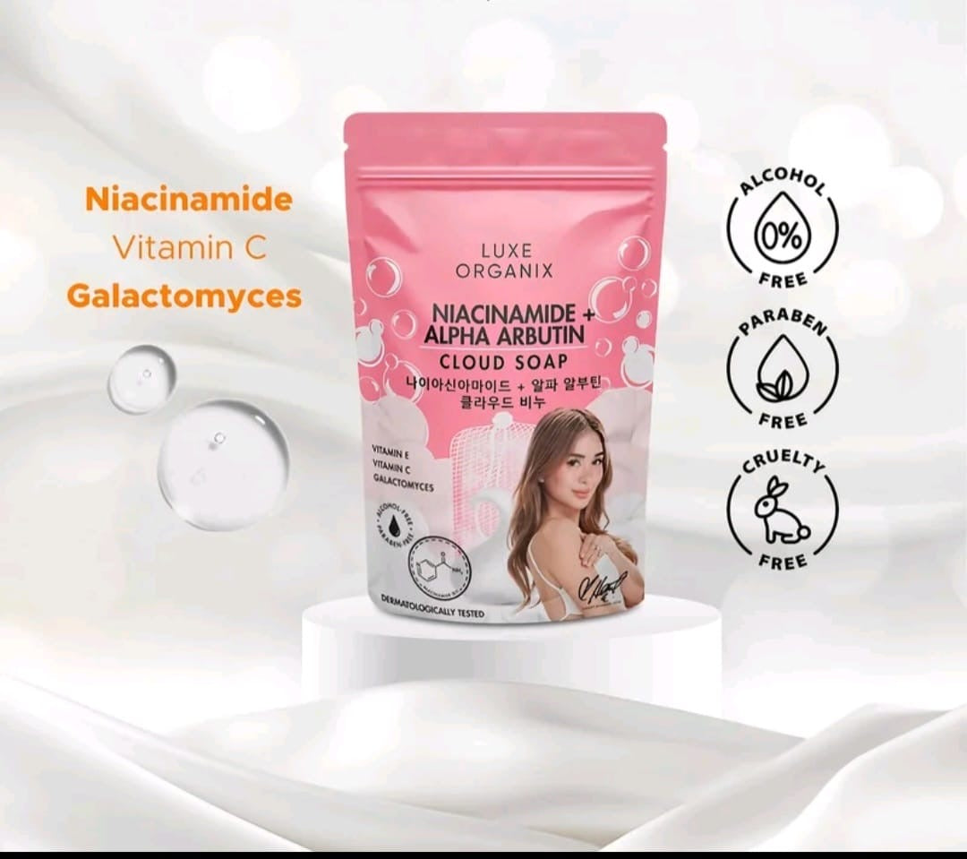 Luxe Organix NIACINAMIDE + ALPHA ARBUTIN Cloud Soap 180g with Foaming Net (PINK)