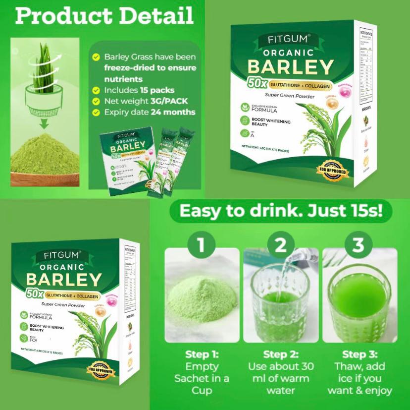 FITGUM Organic Barley SUPER GREEN POWDER 3g x 15 sachets 50X GLUTATHIONE + Collagen