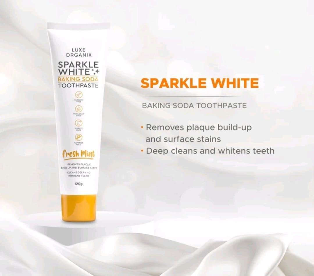 LUXE ORGANIX SPARKLE
WHITE BAKING SODA
TOOTHPASTE 120G
PAREBEN-FREE
TRICLOSAN-FREE
SULFATE-FREE
FLOURIDE-FREE