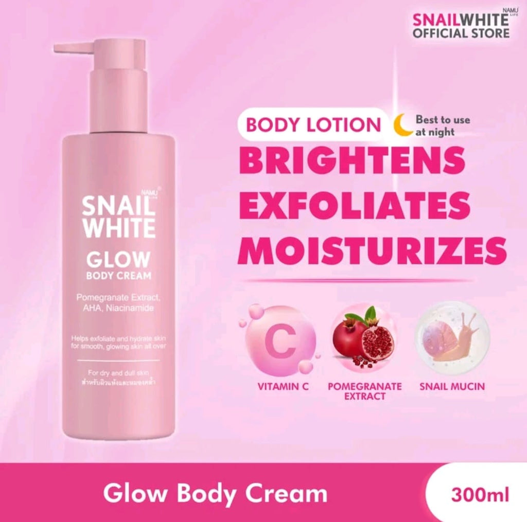 NAMU LIFE SNAIL WHITE
GLOW BODY CREAM 300ML
EXFOLIATE + BRIGHTENS +
FOR DRY SKIN (THAILAND)
