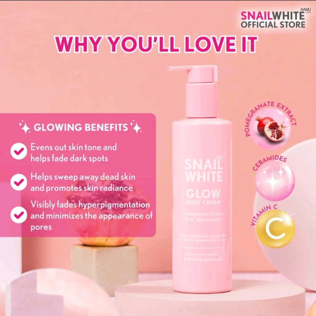 NAMU LIFE SNAIL WHITE
GLOW BODY CREAM 300ML
EXFOLIATE + BRIGHTENS +
FOR DRY SKIN (THAILAND)