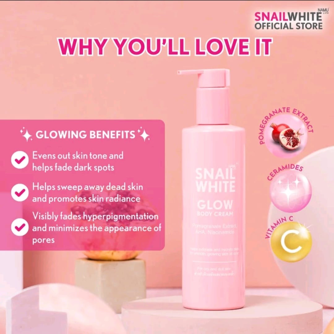 NAMU LIFE SNAIL WHITE
GLOW BODY CREAM 300ML
EXFOLIATE + BRIGHTENS +
FOR DRY SKIN (THAILAND)