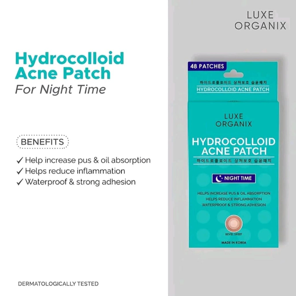 LUXE ORGANIX
HYDROCOLLOID ACNE
PATCH NIGHT TIME 48'S
48-PATCHES NIGHT TIME