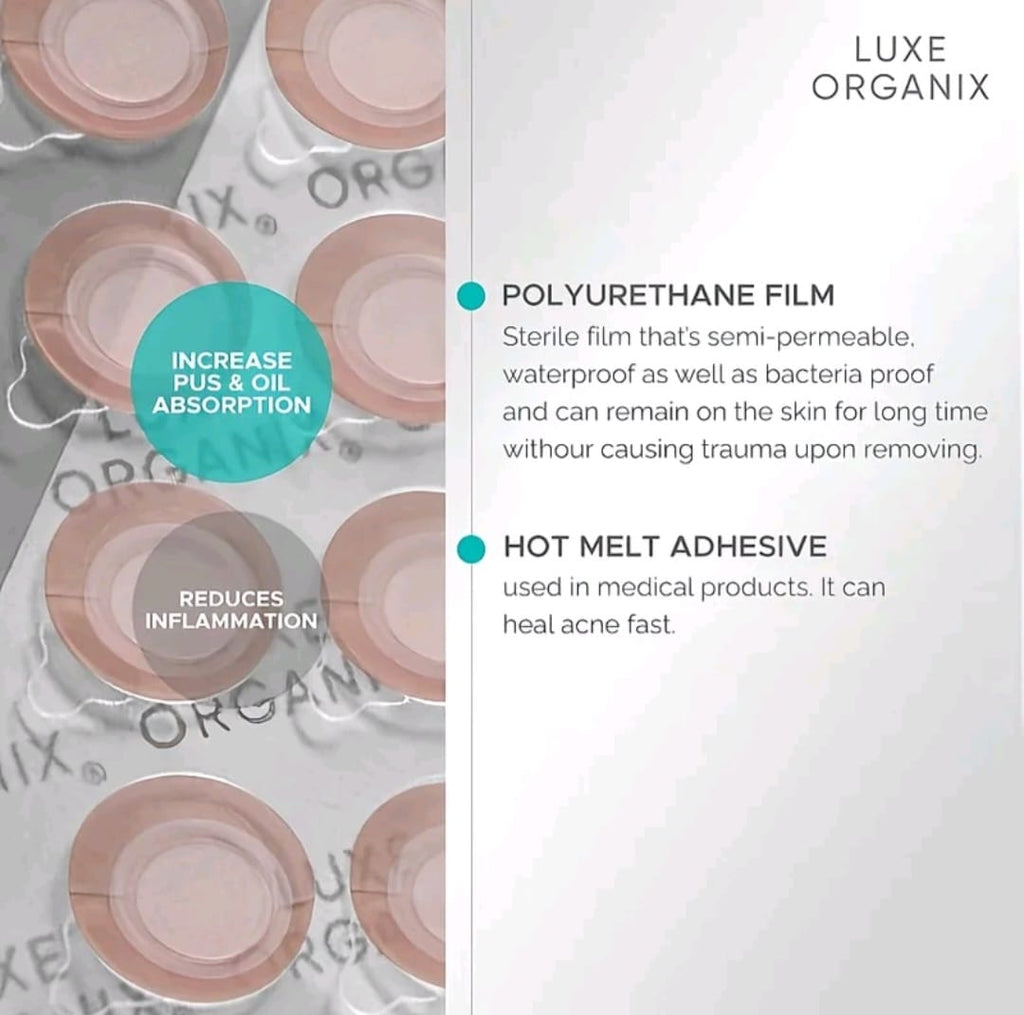LUXE ORGANIX
HYDROCOLLOID ACNE
PATCHES
48-PATCHES DAYTIME USE
WITH UV PROTECTION
(CLEAR & ULTRA THIN)