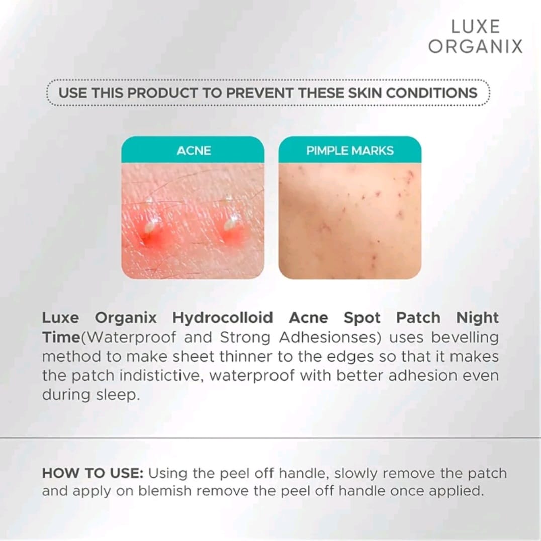 LUXE ORGANIX
HYDROCOLLOID ACNE
PATCH NIGHT TIME 48'S
48-PATCHES NIGHT TIME
