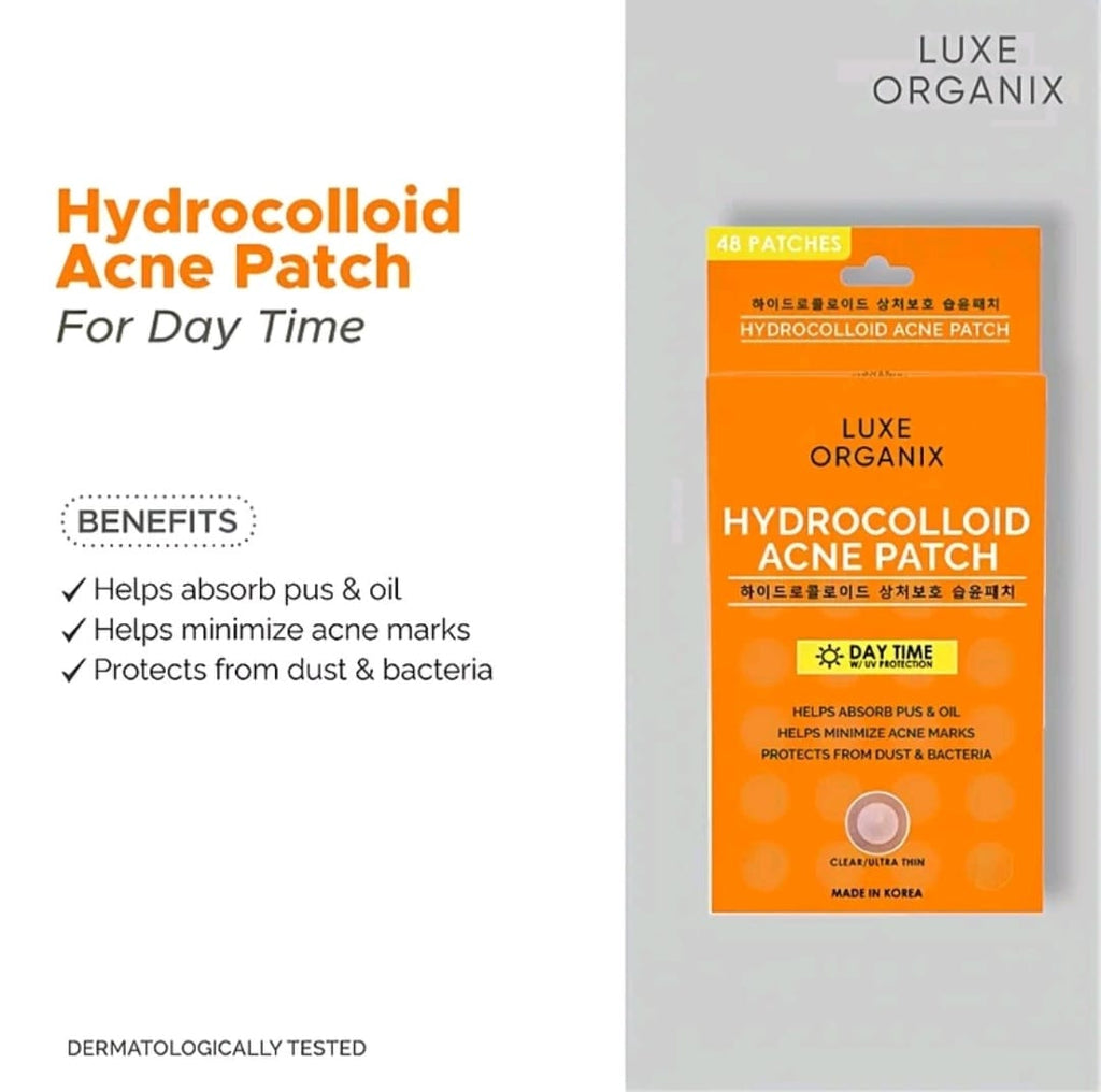 LUXE ORGANIX
HYDROCOLLOID ACNE
PATCHES
48-PATCHES DAYTIME USE
WITH UV PROTECTION
(CLEAR & ULTRA THIN)