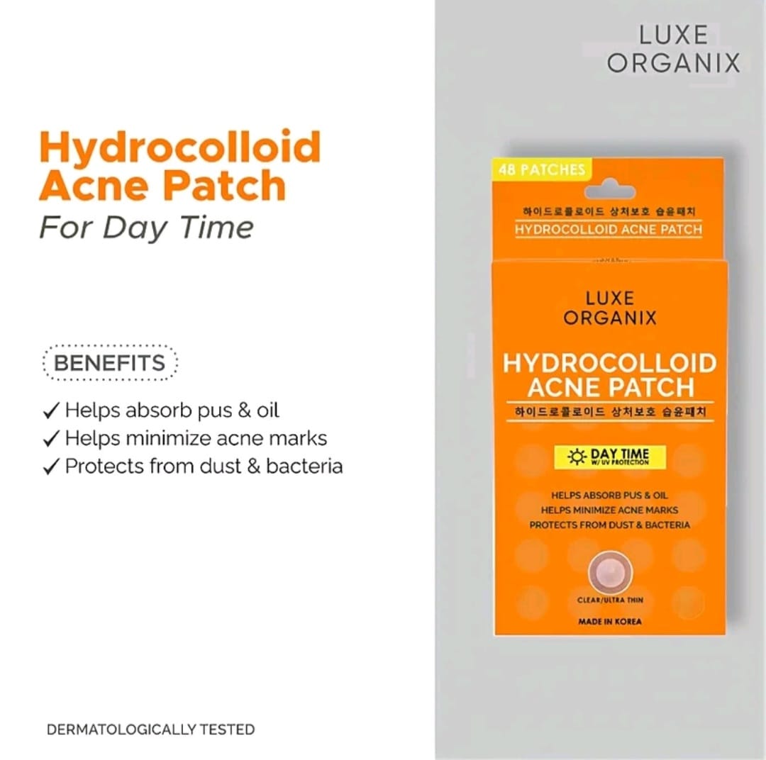 LUXE ORGANIX
HYDROCOLLOID ACNE
PATCHES
48-PATCHES DAYTIME USE
WITH UV PROTECTION
(CLEAR & ULTRA THIN)