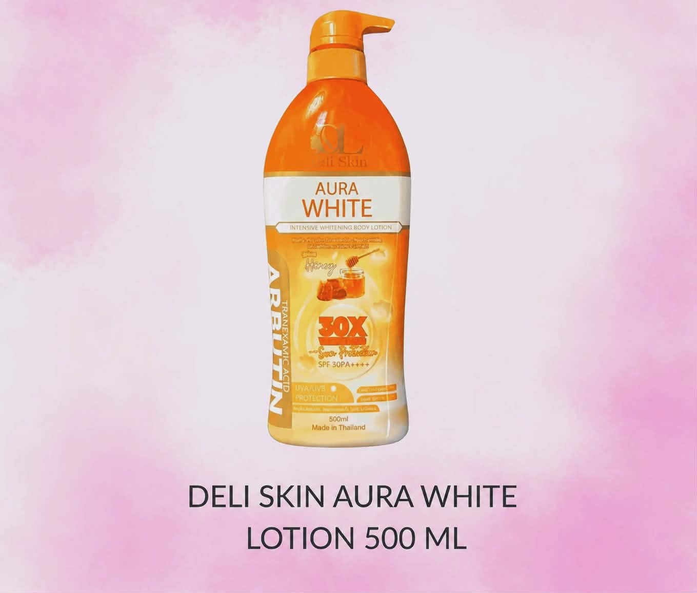 DELI SKIN AURA WHITE INTENSIVE WHITENING
LOTION WITH HONEY
500ML
30x WHITENING SPF50
PA++++